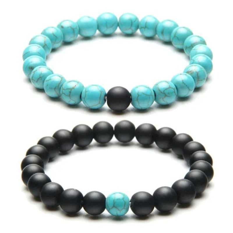 Turquoise and Black Onyx Couples Bracelet Set