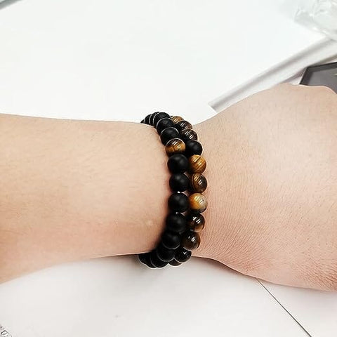 Tiger Eye And Matte Black Onyx Couples Bracelet Set