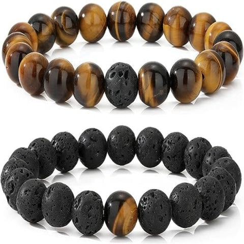 Tiger Eye and Black Lava Rock Couples Bracelet Set