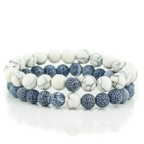 Weathered Agate Frosted Prussian Blue & White Howlite Couples Bracelet Set