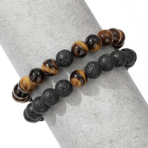 Tiger Eye and Black Lava Rock Couples Bracelet Set