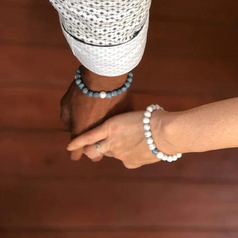 Weathered Agate Frosted Prussian Blue & White Howlite Couples Bracelet Set