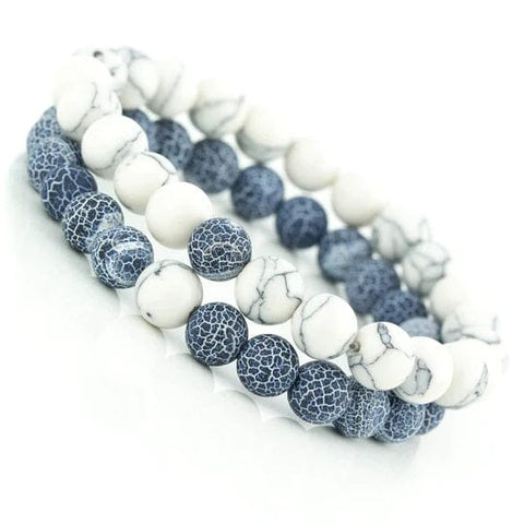 Weathered Agate Frosted Prussian Blue & White Howlite Couples Bracelet Set