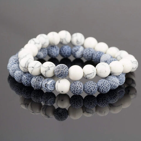 Weathered Agate Frosted Prussian Blue & White Howlite Couples Bracelet Set