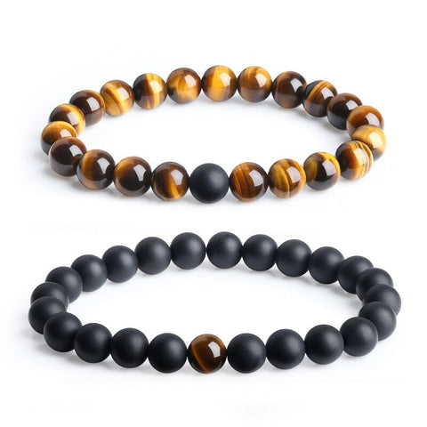 Tiger Eye And Matte Black Onyx Couples Bracelet Set