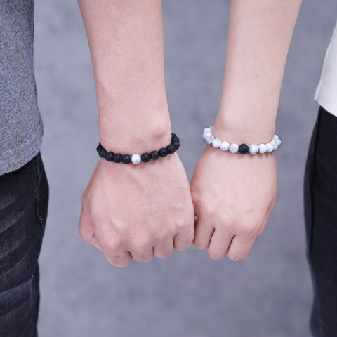 White Howlite and Lava Rock Couples Bracelet Set