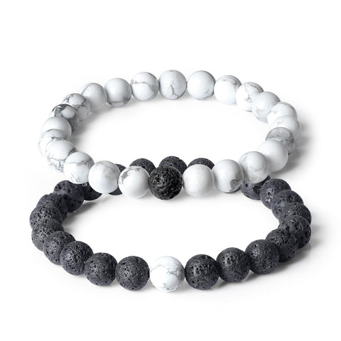 White Howlite and Lava Rock Couples Bracelet Set