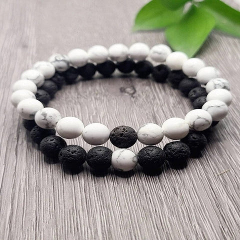 White Howlite and Lava Rock Couples Bracelet Set