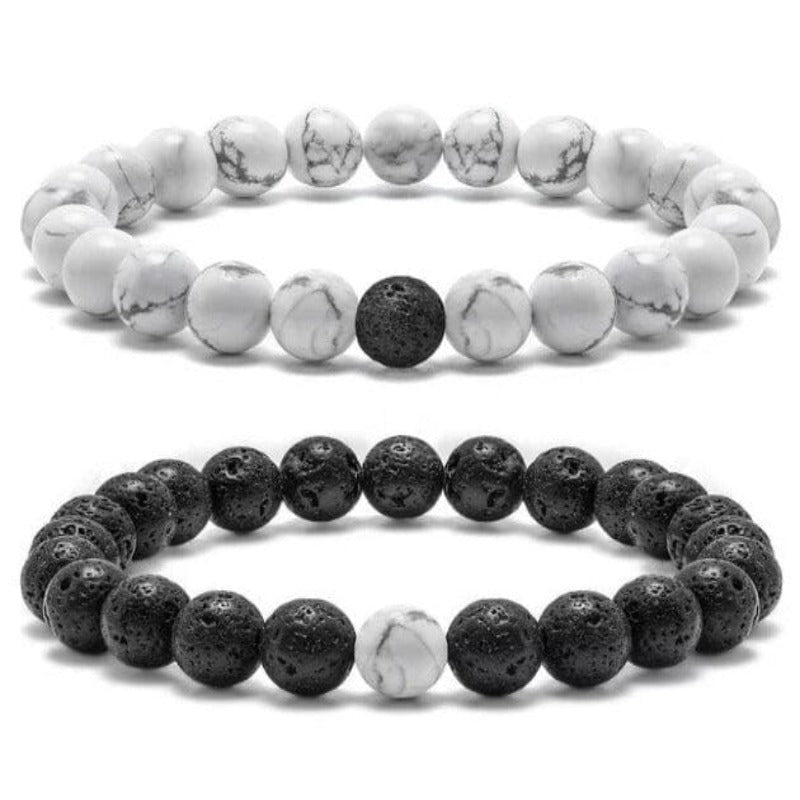 White Howlite and Lava Rock Couples Bracelet Set