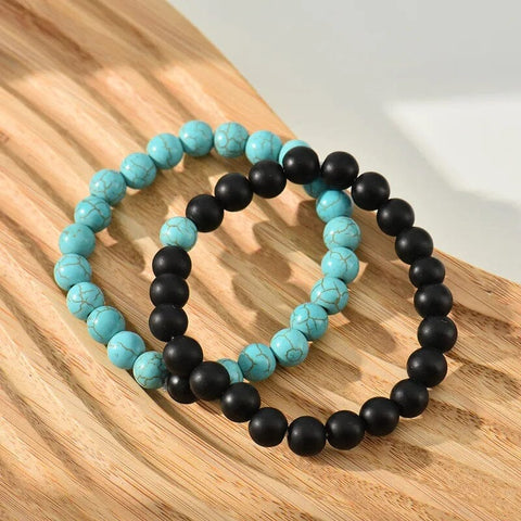 Turquoise and Black Onyx Couples Bracelet Set