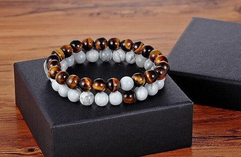 Tiger Eye And White Howlite Couples Bracelet Set