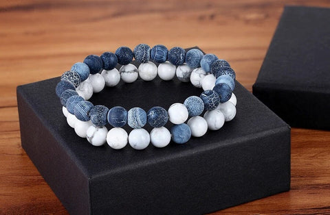 Weathered Agate Frosted Prussian Blue & White Howlite Couples Bracelet Set