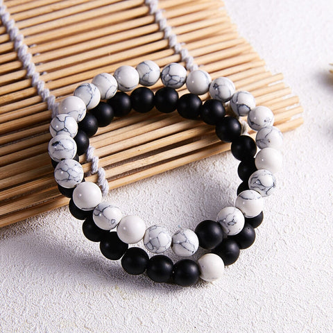 White Howlite and Black Onyx Stone Couples Bracelet Set