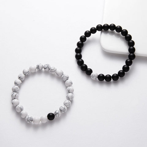 White Howlite and Black Onyx Stone Couples Bracelet Set