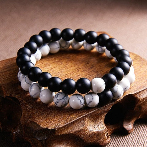 White Howlite and Black Onyx Stone Couples Bracelet Set