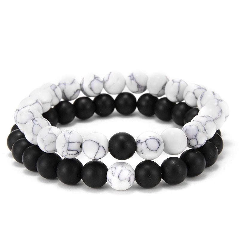 White Howlite and Black Onyx Stone Couples Bracelet Set