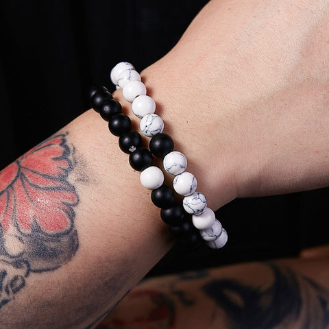 White Howlite and Black Onyx Stone Couples Bracelet Set