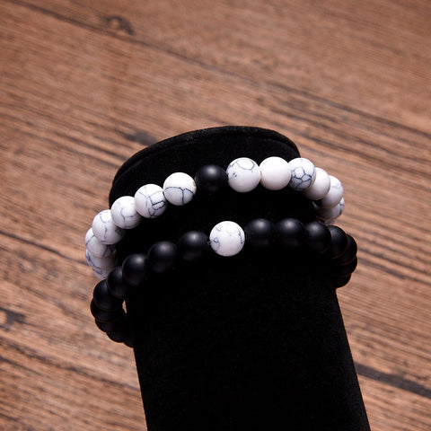 White Howlite and Black Onyx Stone Couples Bracelet Set