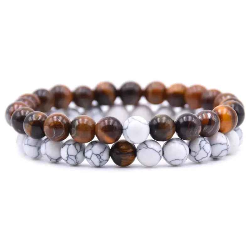 Tiger Eye And White Howlite Couples Bracelet Set