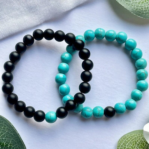 Turquoise and Black Onyx Couples Bracelet Set