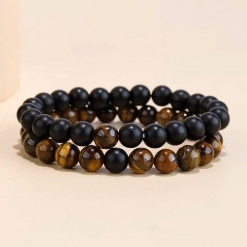 Tiger Eye And Matte Black Onyx Couples Bracelet Set