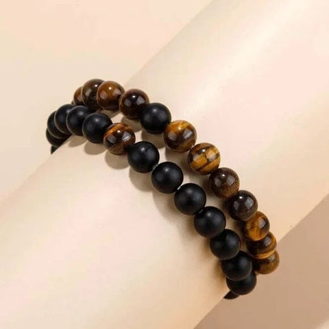 Tiger Eye And Matte Black Onyx Couples Bracelet Set