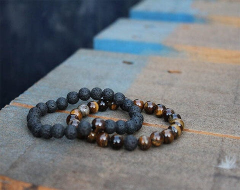 Tiger Eye and Black Lava Rock Couples Bracelet Set