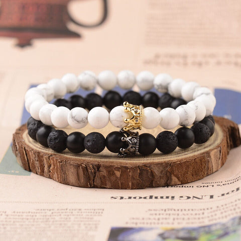 His & Hers Royal Crown White Howlite with Black Onyx & Lava Rock Couples Bracelet set