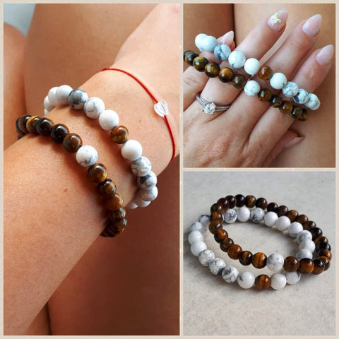 Tiger Eye And White Howlite Couples Bracelet Set