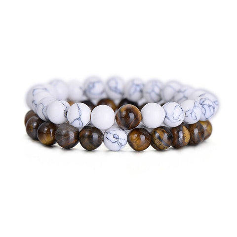 Tiger Eye And White Howlite Couples Bracelet Set