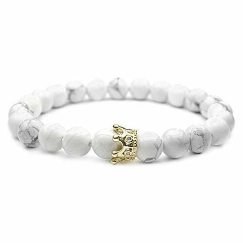 His & Hers Royal Crown White Howlite with Black Onyx & Lava Rock Couples Bracelet set