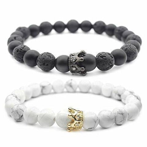 His & Hers Royal Crown White Howlite with Black Onyx & Lava Rock Couples Bracelet set