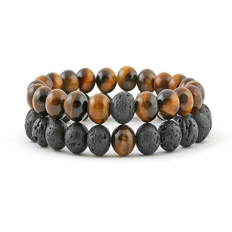 Tiger Eye and Black Lava Rock Couples Bracelet Set