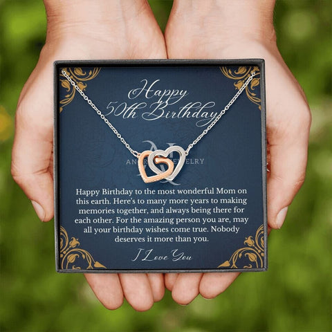 Mothers Happy 50th Birthday- Interlocking Hearts Necklace