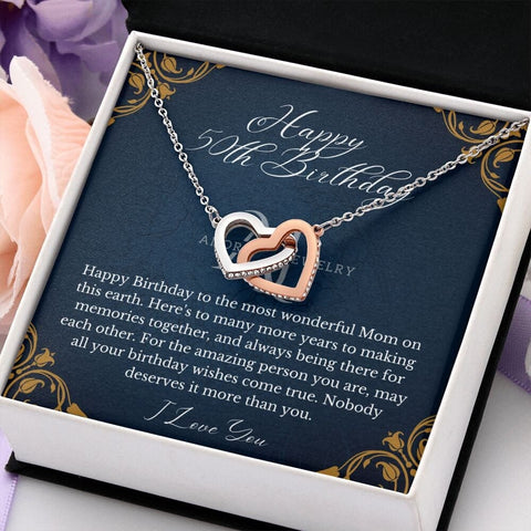 Mothers Happy 50th Birthday- Interlocking Hearts Necklace