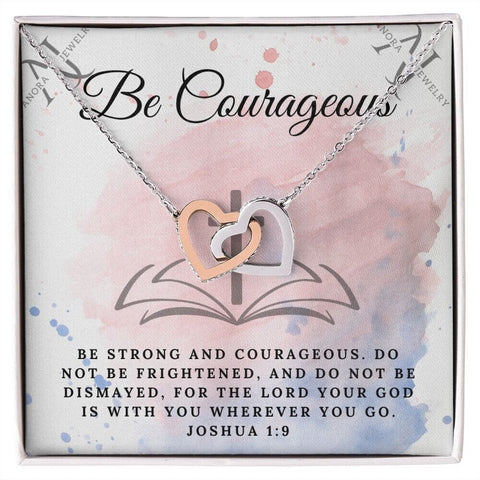 Be Courageous (Joshua 1:9) - 14K Rose Gold Interlocking Heart Necklace