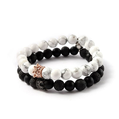 His & Hers Royal Crown White Howlite with Black Onyx & Lava Rock Couples Bracelet set