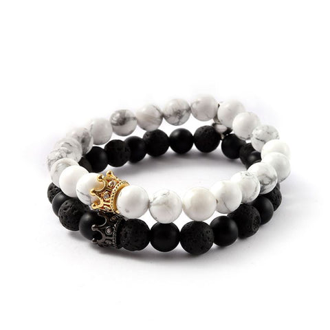 His & Hers Royal Crown White Howlite with Black Onyx & Lava Rock Couples Bracelet set